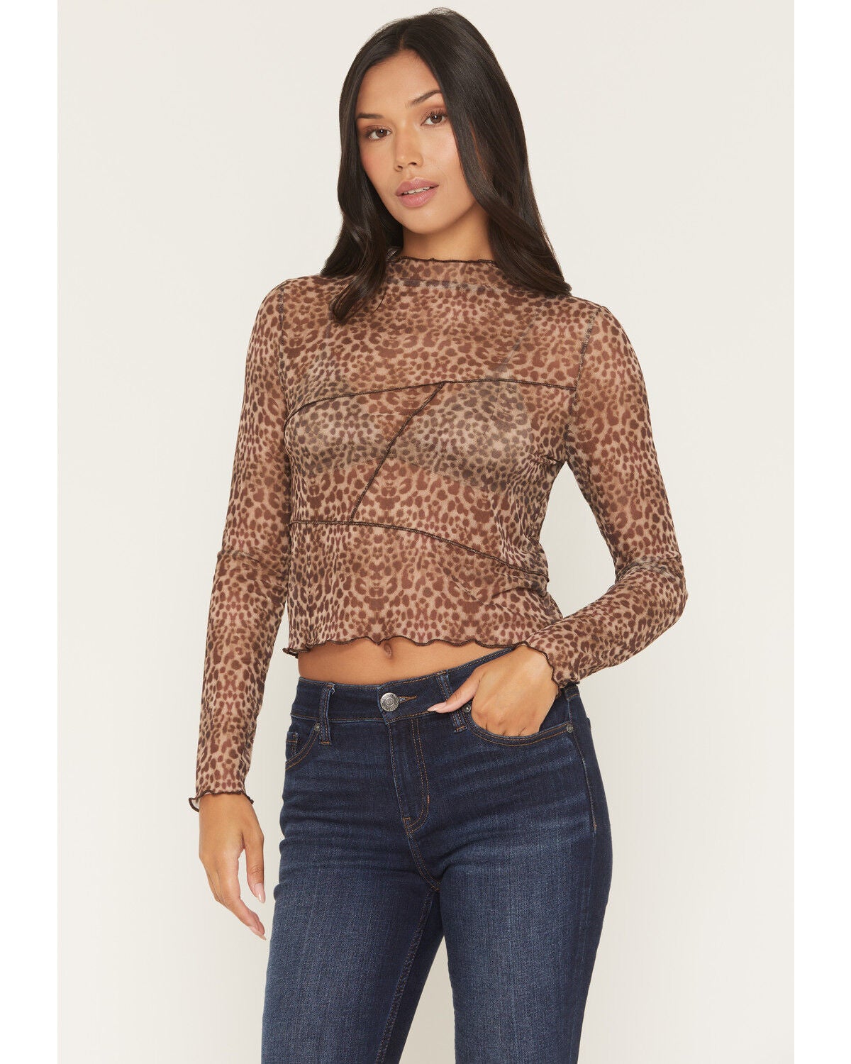Image #1 - Panhandle Women's Boot Barn Exclusive Leo Leopard Print Long Sleeve Mesh Top, Brown, hi-res