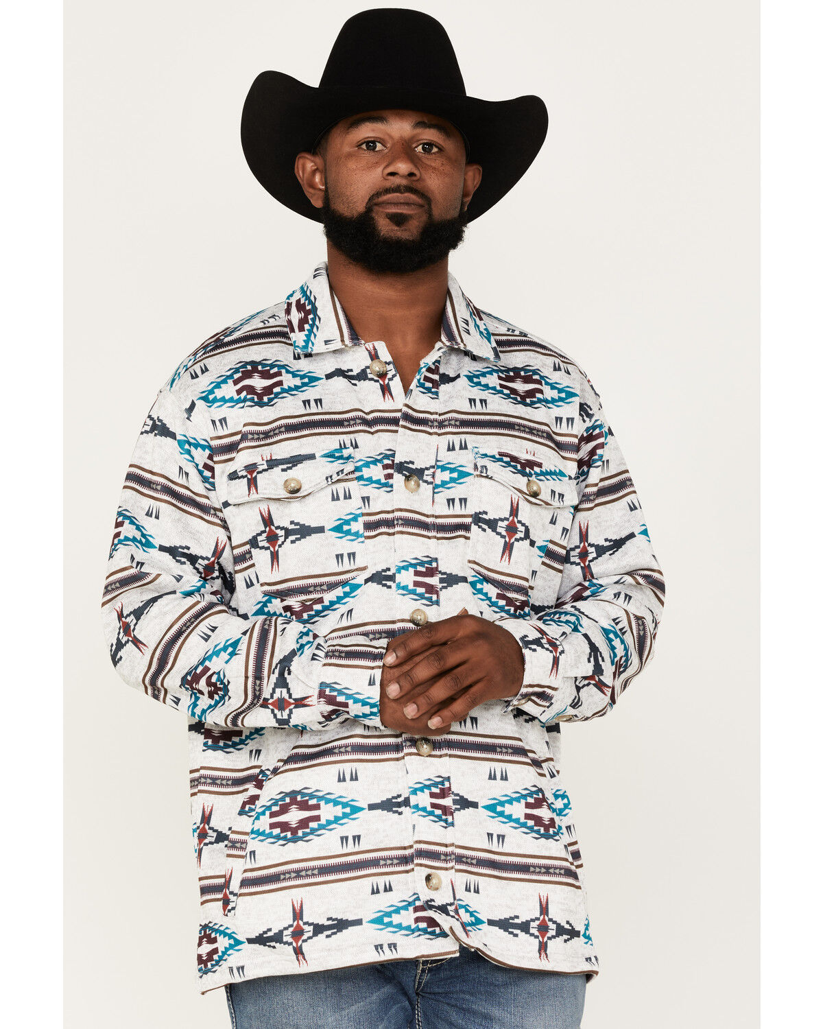 Image #1 - Ariat Men's Caldwell Southwestern Print Shacket, Light Grey, hi-res
