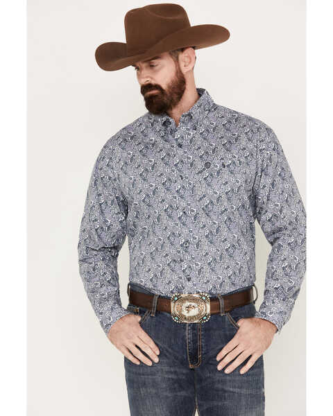 George Strait by Wrangler Men's Paisley Print Long Sleeve Button Down Western Shirt, Purple, hi-res