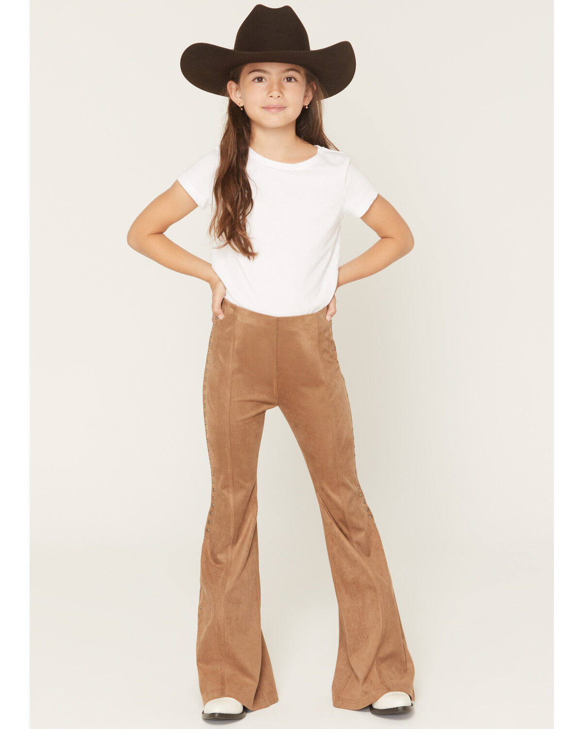 Image #1 - Shyanne Girls' Studded Side Seam Faux Suede Flare Pants, Coffee, hi-res