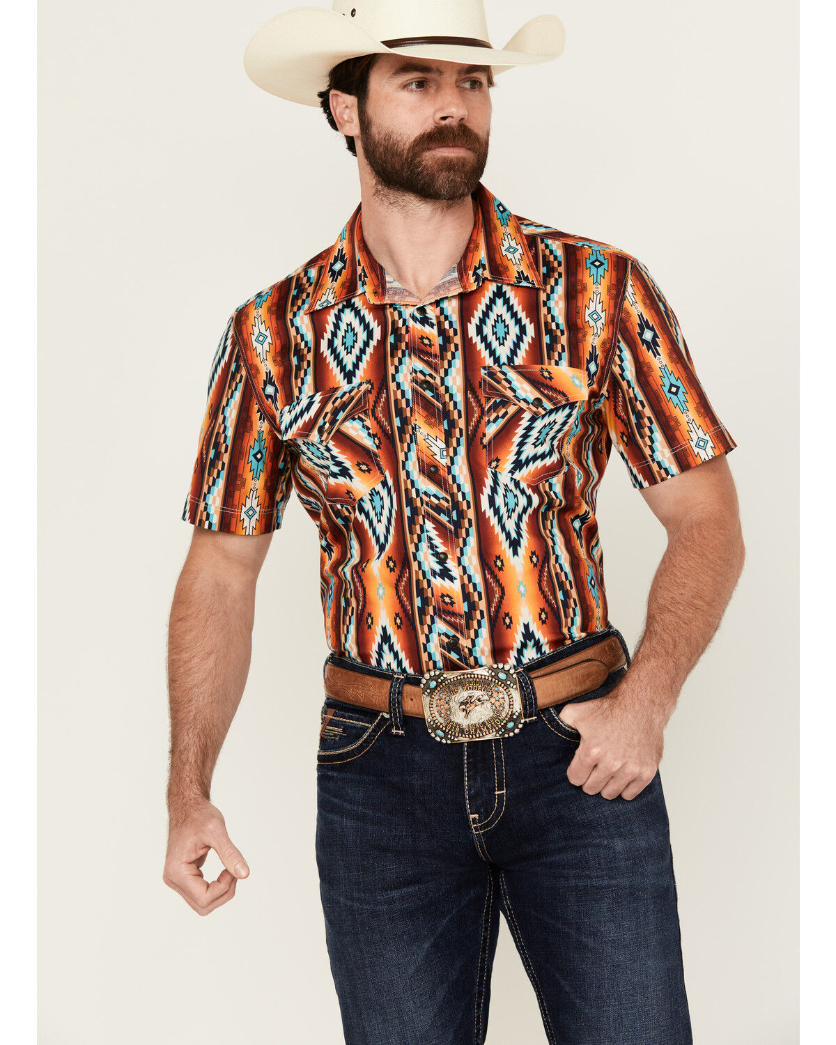 Image #1 - Rock & Roll Denim Men's Southwestern Print Short Sleeve Snap Stretch Western Shirt, Orange, hi-res