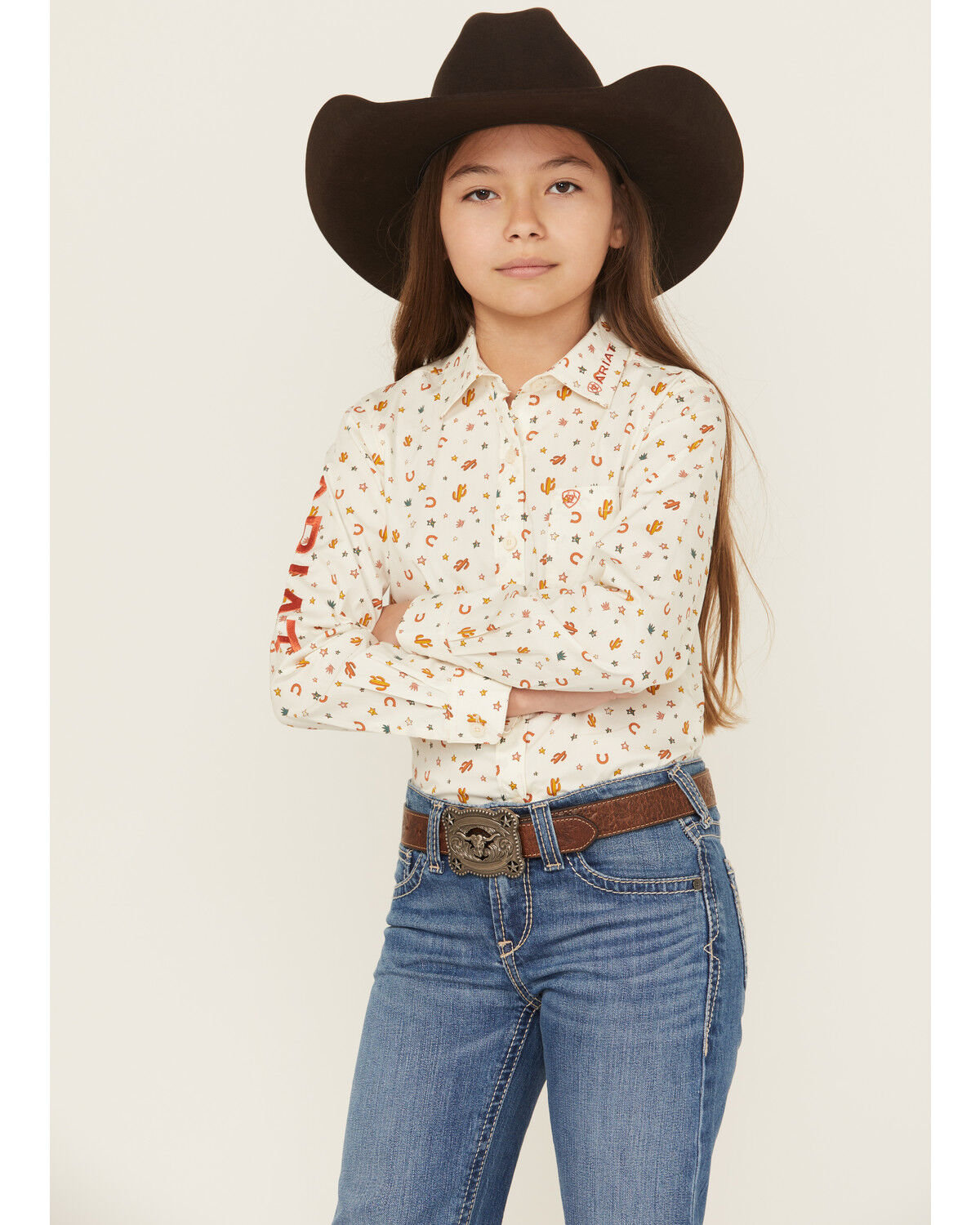 Image #1 - Ariat Girls' Sienna Conversation Print Team Long Sleeve Button-Down Stretch Western Shirt, White, hi-res