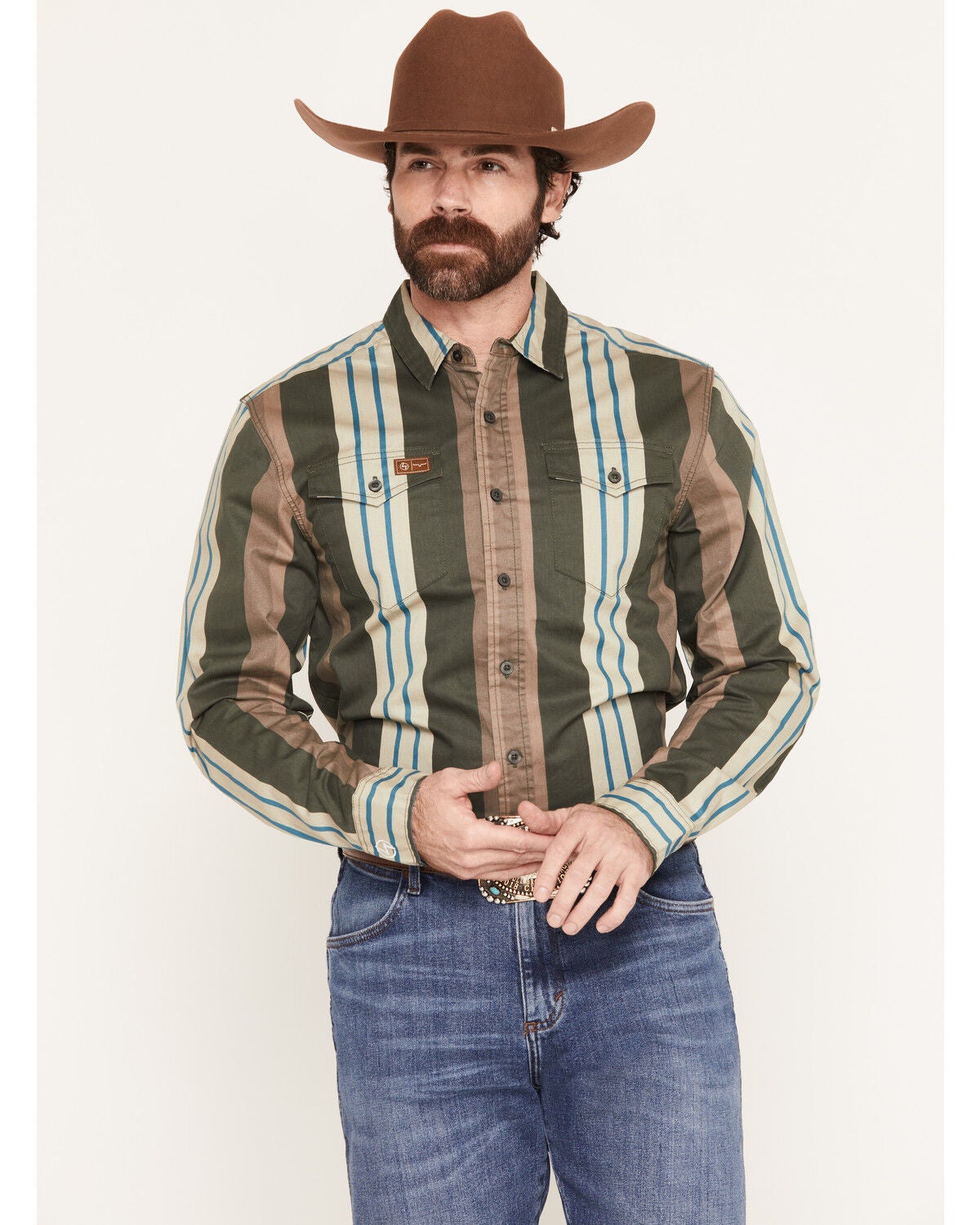 Zach Top X Kimes Ranch Men's Noxx Striped Long Sleeve Button-Down Western Shirt, Green, hi-res