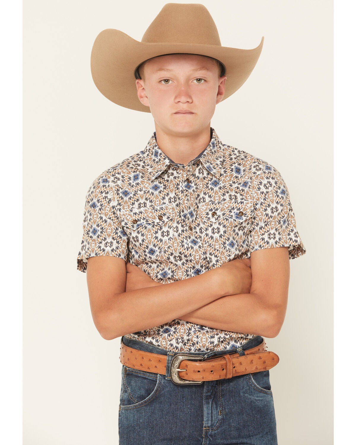 Cody James Boys' High Plains Southwestern Print Short Sleeve Snap Western Shirt, Tan, hi-res