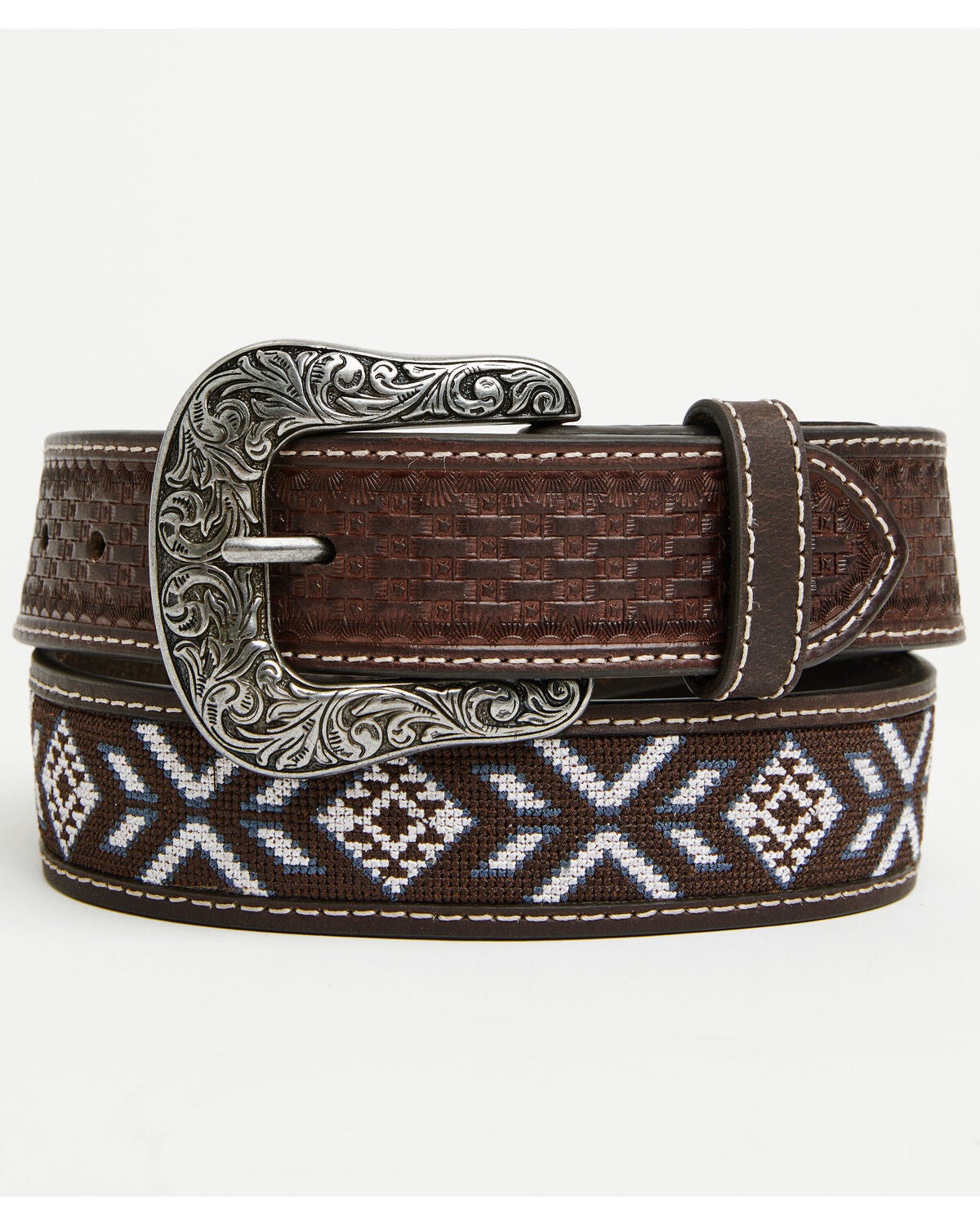 Image #1 - RANK 45&reg; Men's McCoy Southwestern Cross-Stitch Leather Belt, Brown, hi-res