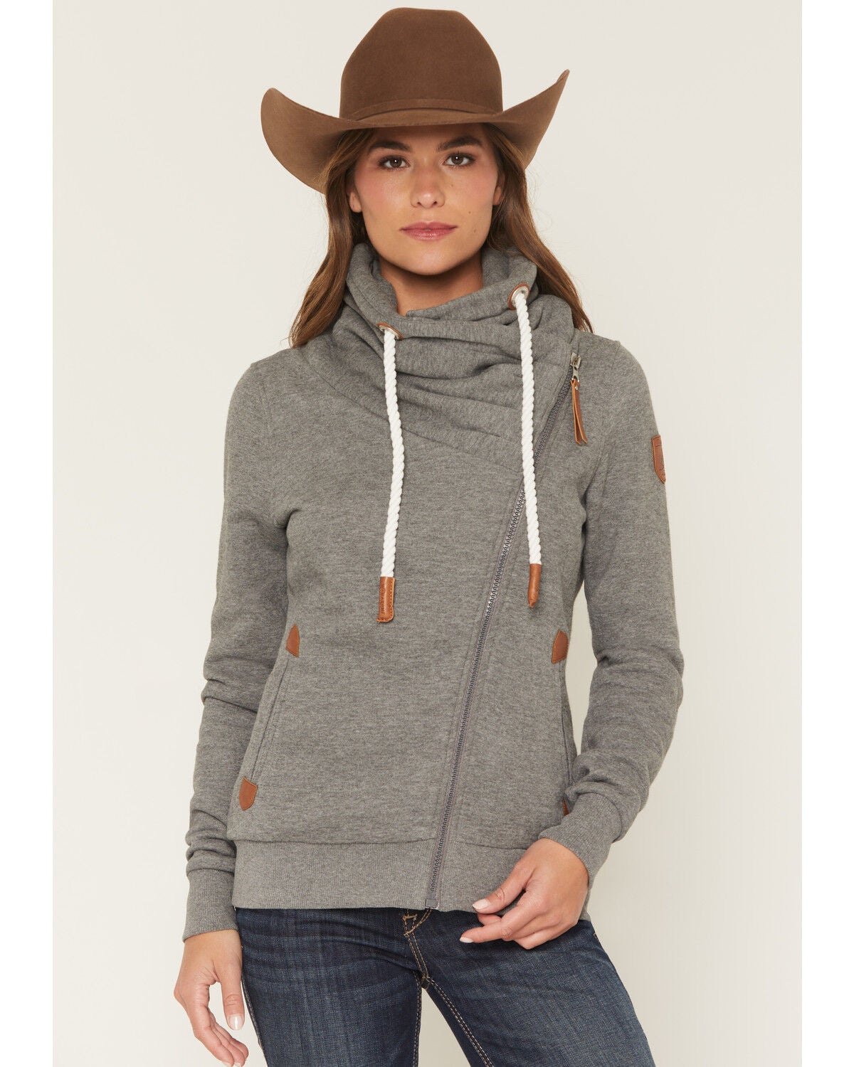 Wanakome Women's Asymmetrical Zip-Up Hoodie Jacket, Grey, hi-res