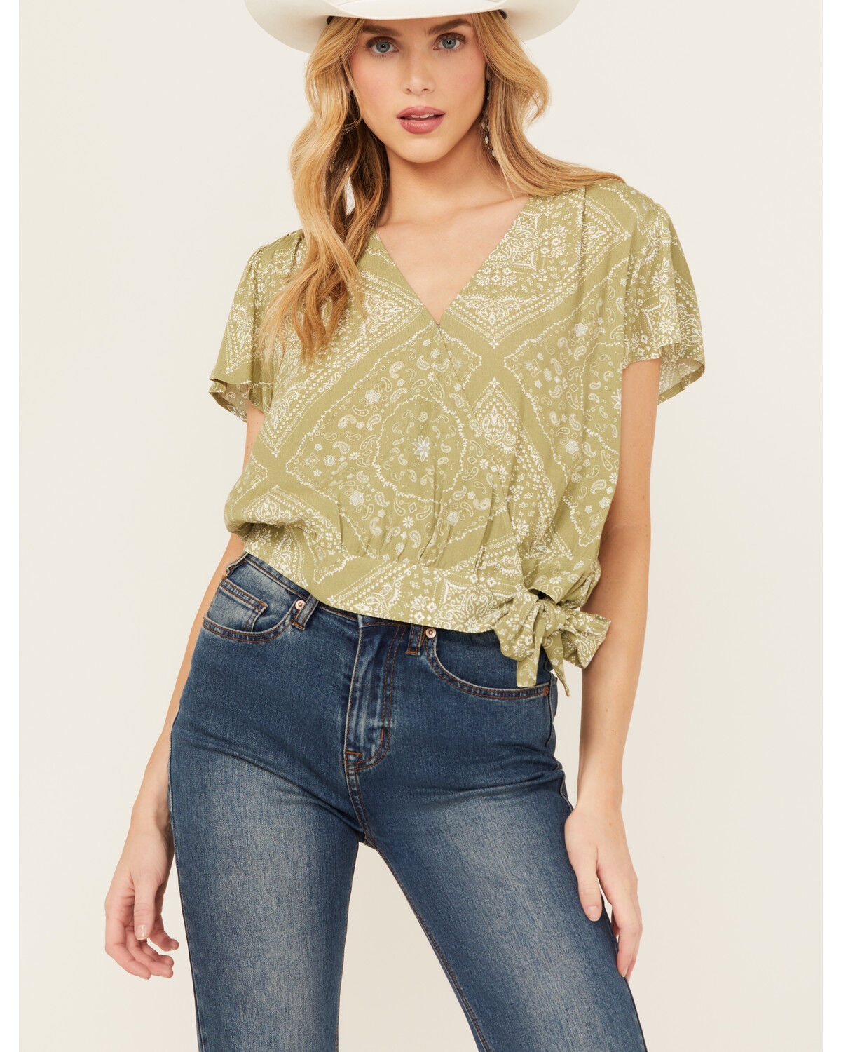 Image #1 - Ariat Women's Osage Bandana Print Short Sleeve Wrap Shirt, Sage, hi-res