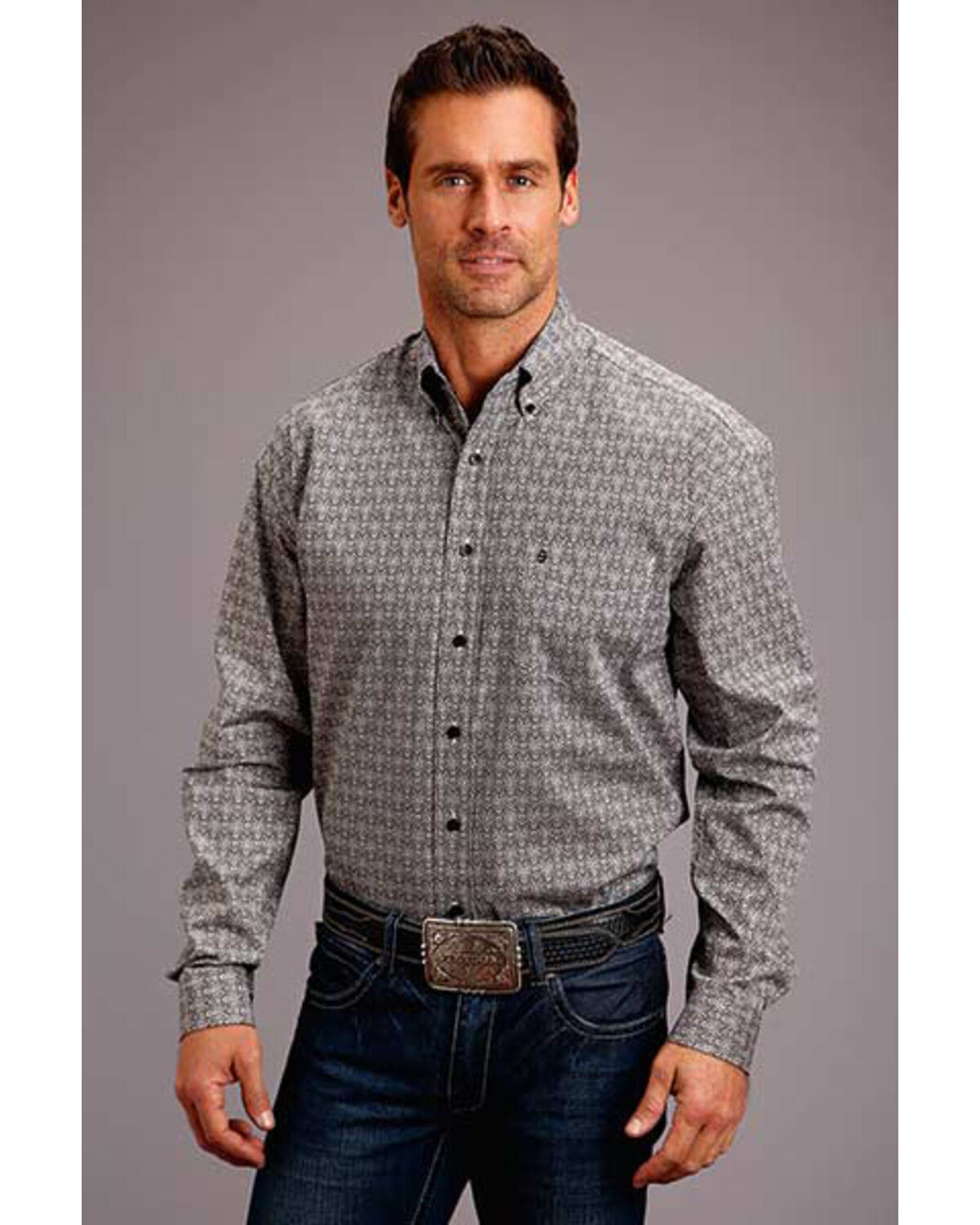 Image #1 - Stetson Men's Black Medallion Geo Print Long Sleeve Western Shirt, Black, hi-res