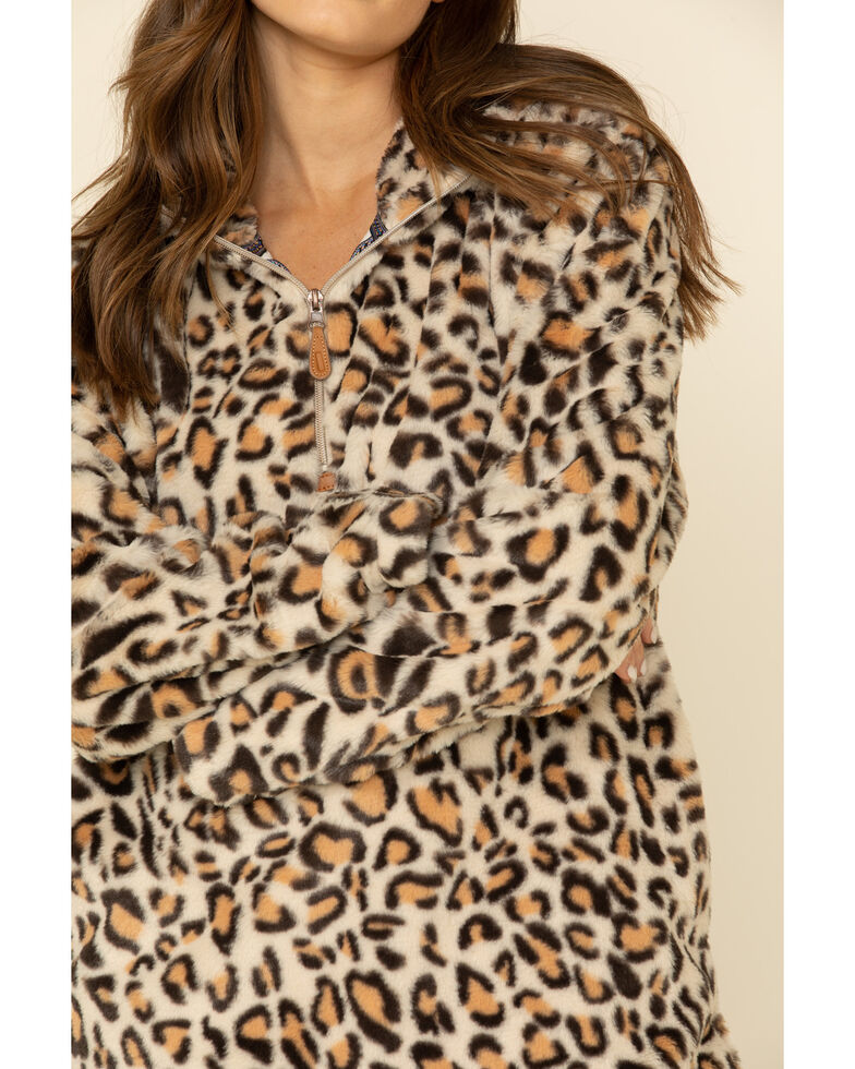 Katydid Women's Leopard Faux Fur Hooded 3/4 Zip Pullover, Leopard, hi-res