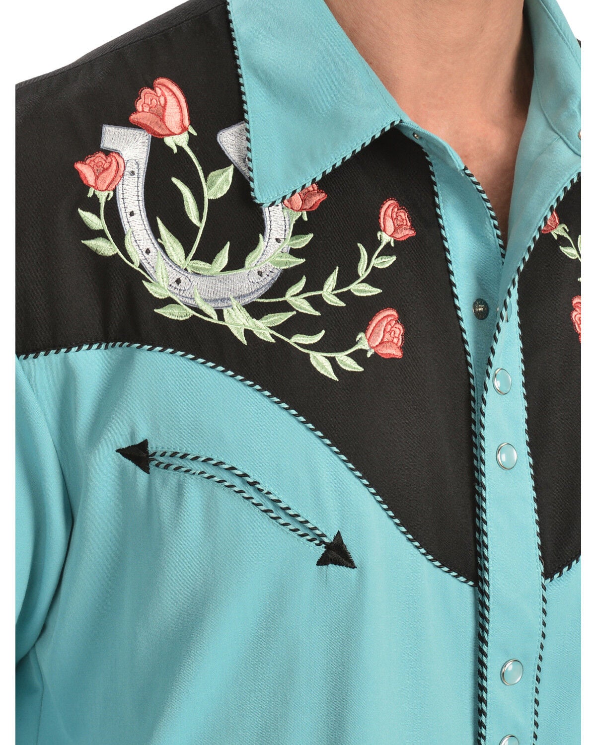 Image #2 - Scully Men's Rose & Horseshoe Embroidered Retro Long Sleeve Western Shirt - Big & Tall, Turquoise, hi-res