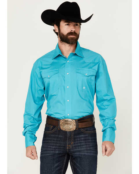 Roper Men's Amarillo Solid Long Sleeve Snap Stretch Western Shirt , Turquoise, hi-res
