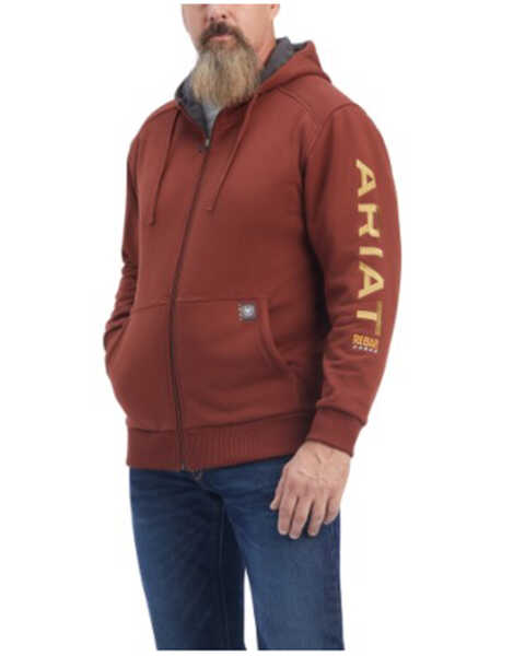 Ariat Men's Rebar All-Weather Logo Zip-Front Work Sweatshirt , Mahogany, hi-res