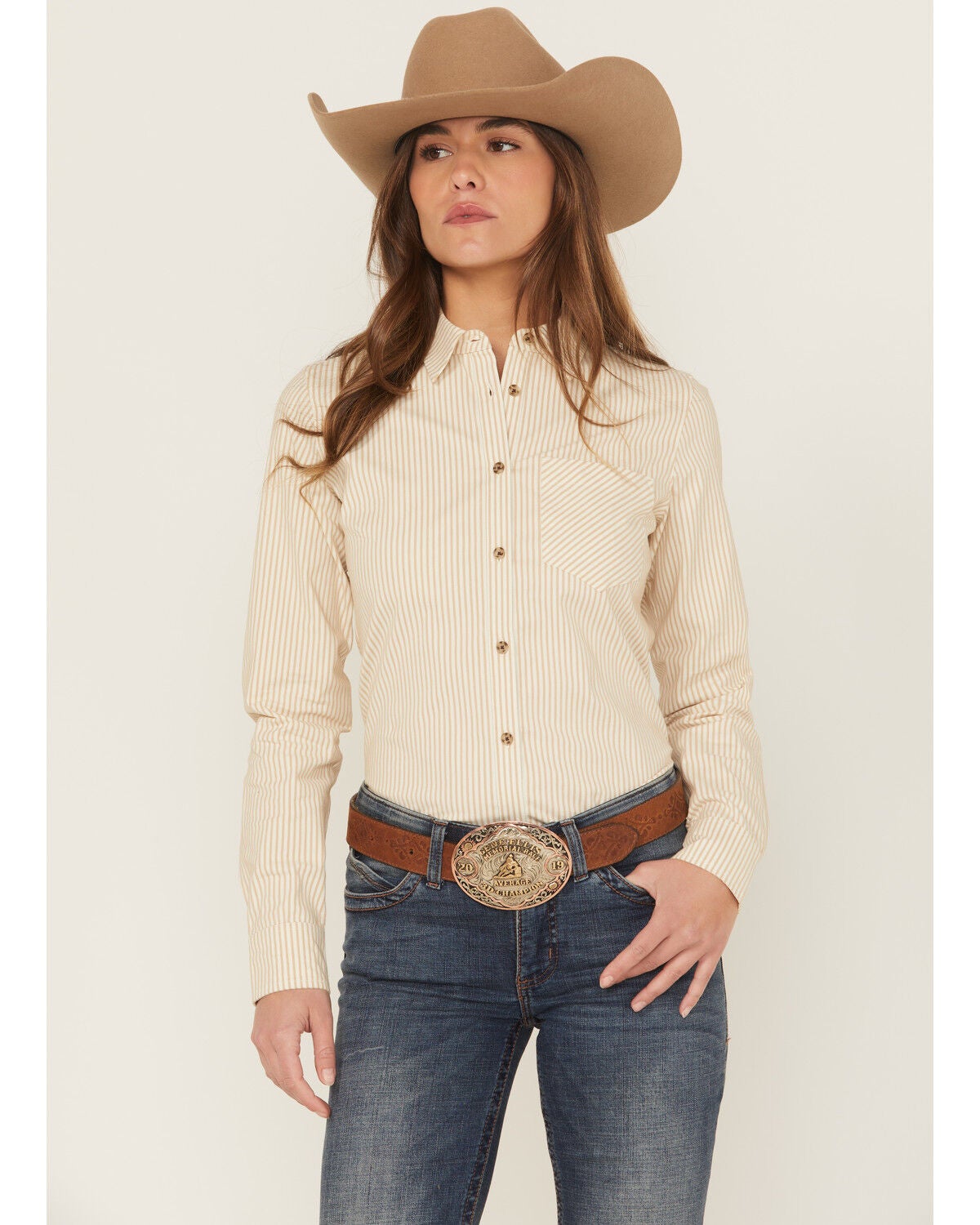 Shyanne Women's Striped Long Sleeve Button-Down Stretch Western Shirt, Sand, hi-res
