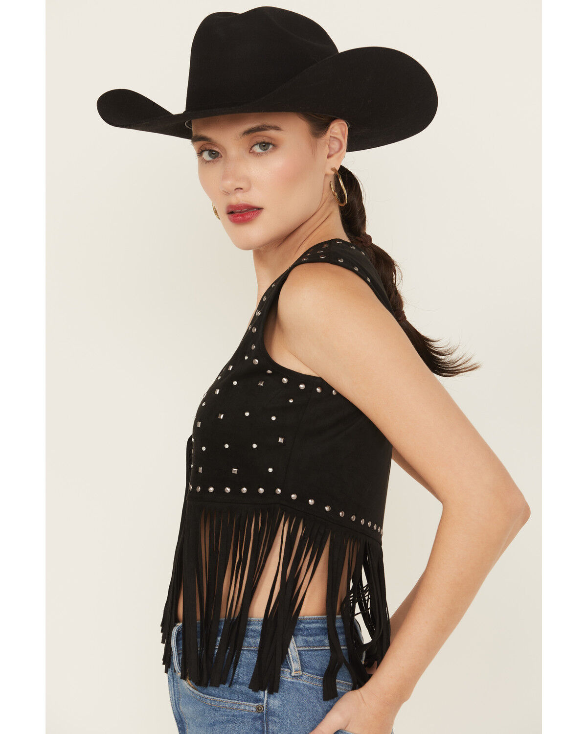 Image #2 - Idyllwind Women's Embellished Faux Suede Cropped Fringe Vest, Black, hi-res