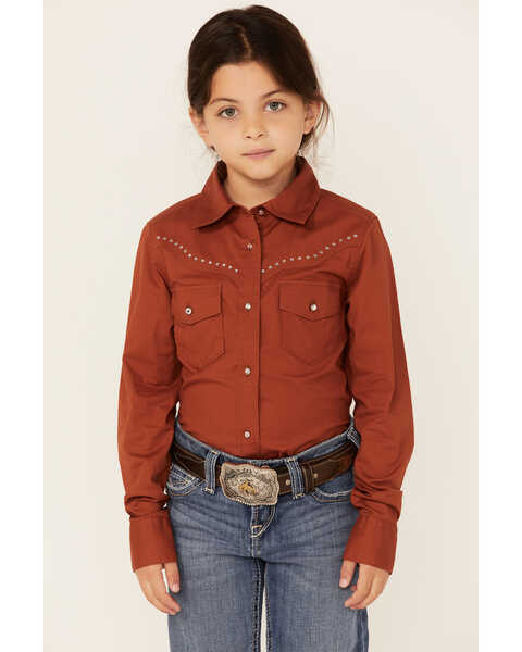 RANK 45 Girls' Rhinestone Yoke Solid Long Sleeve Western Riding Shirt , Rust Copper, hi-res