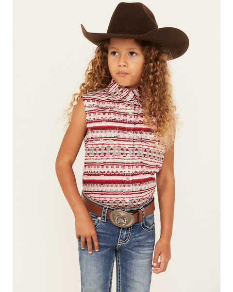 Cowgirl Hardware Girls' Vintage Southwestern Print Sleeveless Snap Western Shirt, Burgundy, hi-res