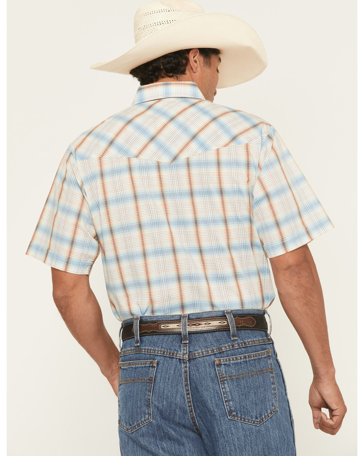 Image #4 - Ely Walker Men's Plaid Print Short Sleeve Snap Western Shirt, Light Blue, hi-res