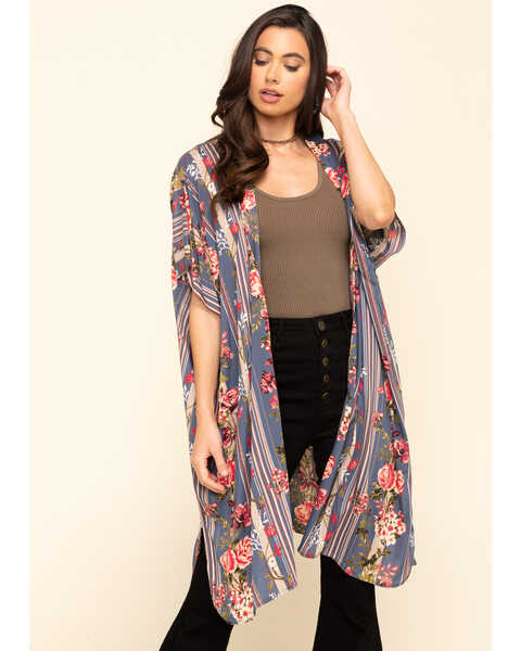 Image #1 - Angie Women's Stripe Floral Challis Kimono, Blue, hi-res