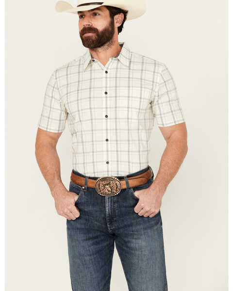 Cody James Men's Open Field Plaid Print Short Sleeve Button-Down Stretch Western Shirt , Ivory, hi-res