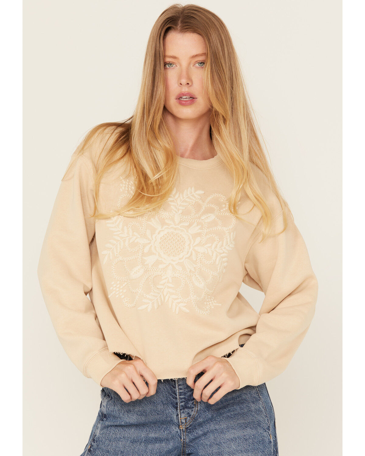 Image #2 - Cleo + Wolf Women's Floral Embroidered Long Sleeve Pullover, Oatmeal, hi-res