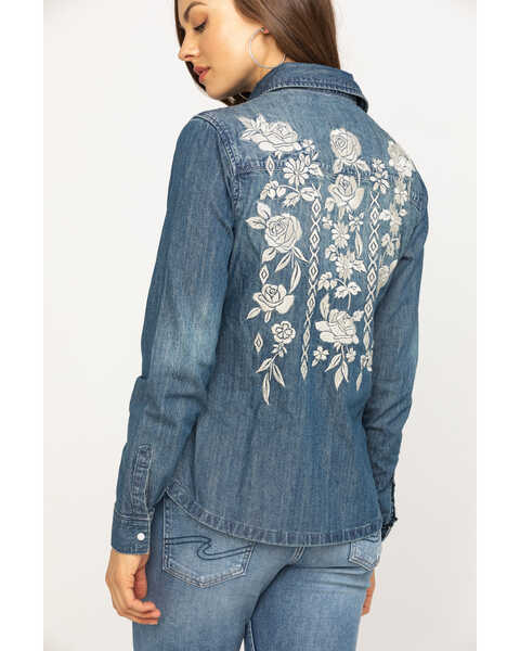 Image #1 - Stetson Women's Floral Embroidered Denim Long Sleeve Pearl Snap Western Shirt, , hi-res