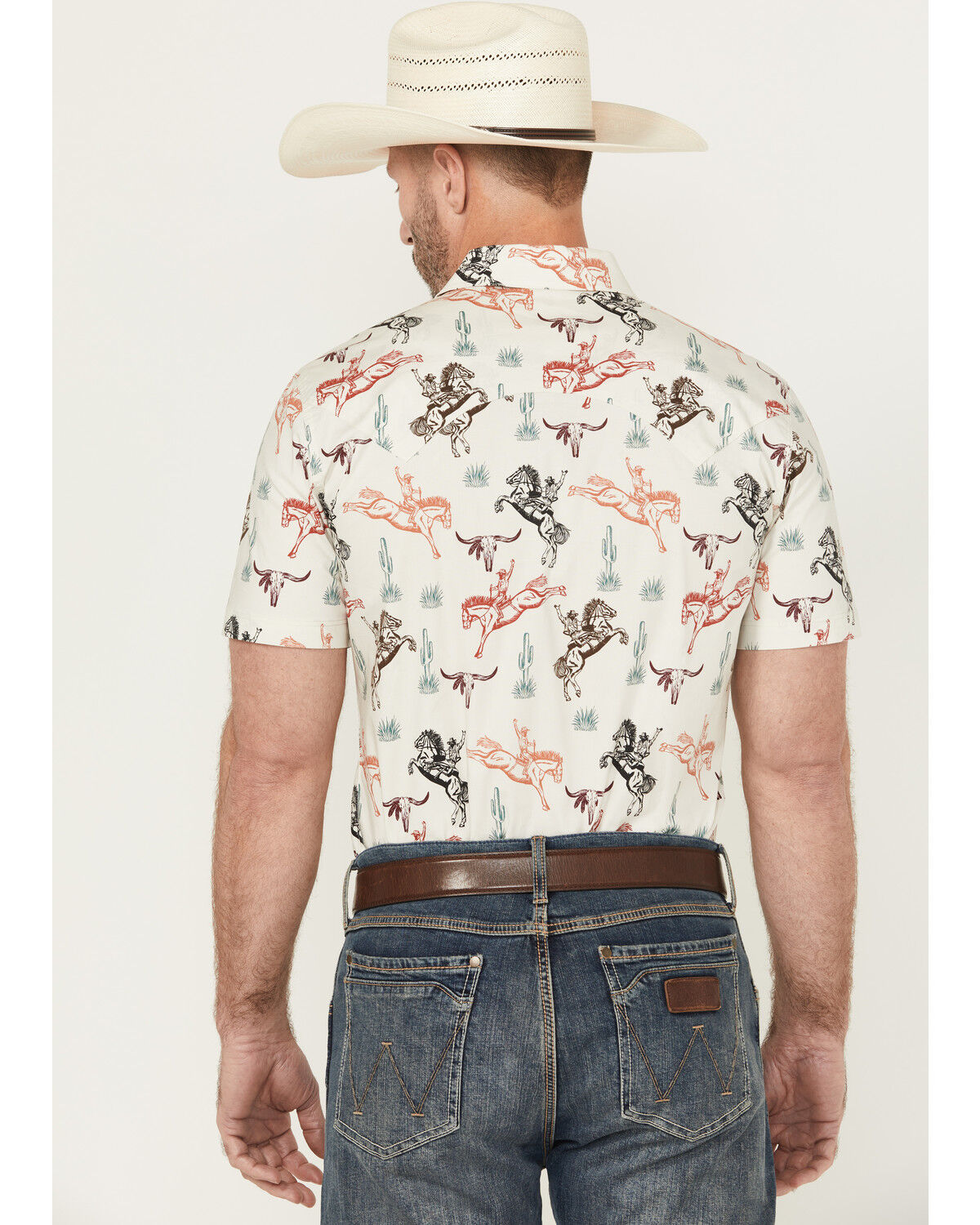 Image #4 - Rock & Roll Denim Men's Bronc Print Short Sleeve Snap Stretch Western Shirt, Natural, hi-res