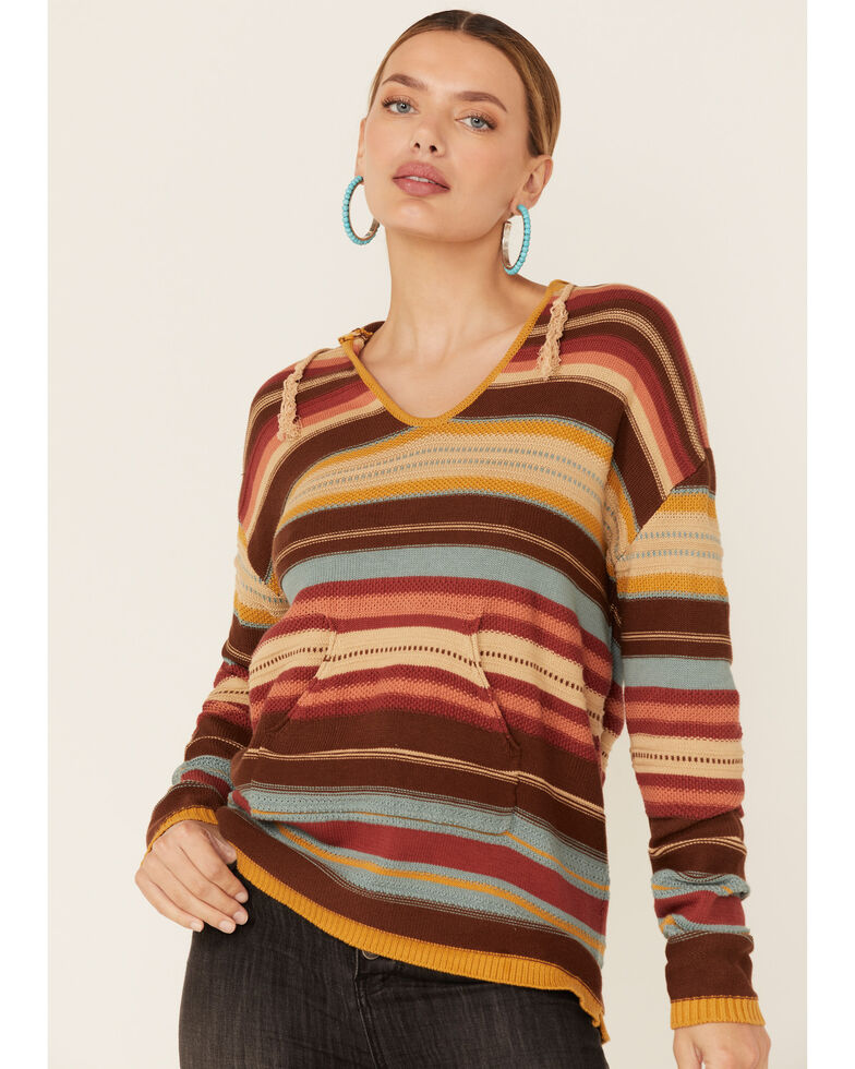 Cotton & Rye Women's Serape Long Sleeve Pullover Hooded Sweater, Tan/turquoise, hi-res