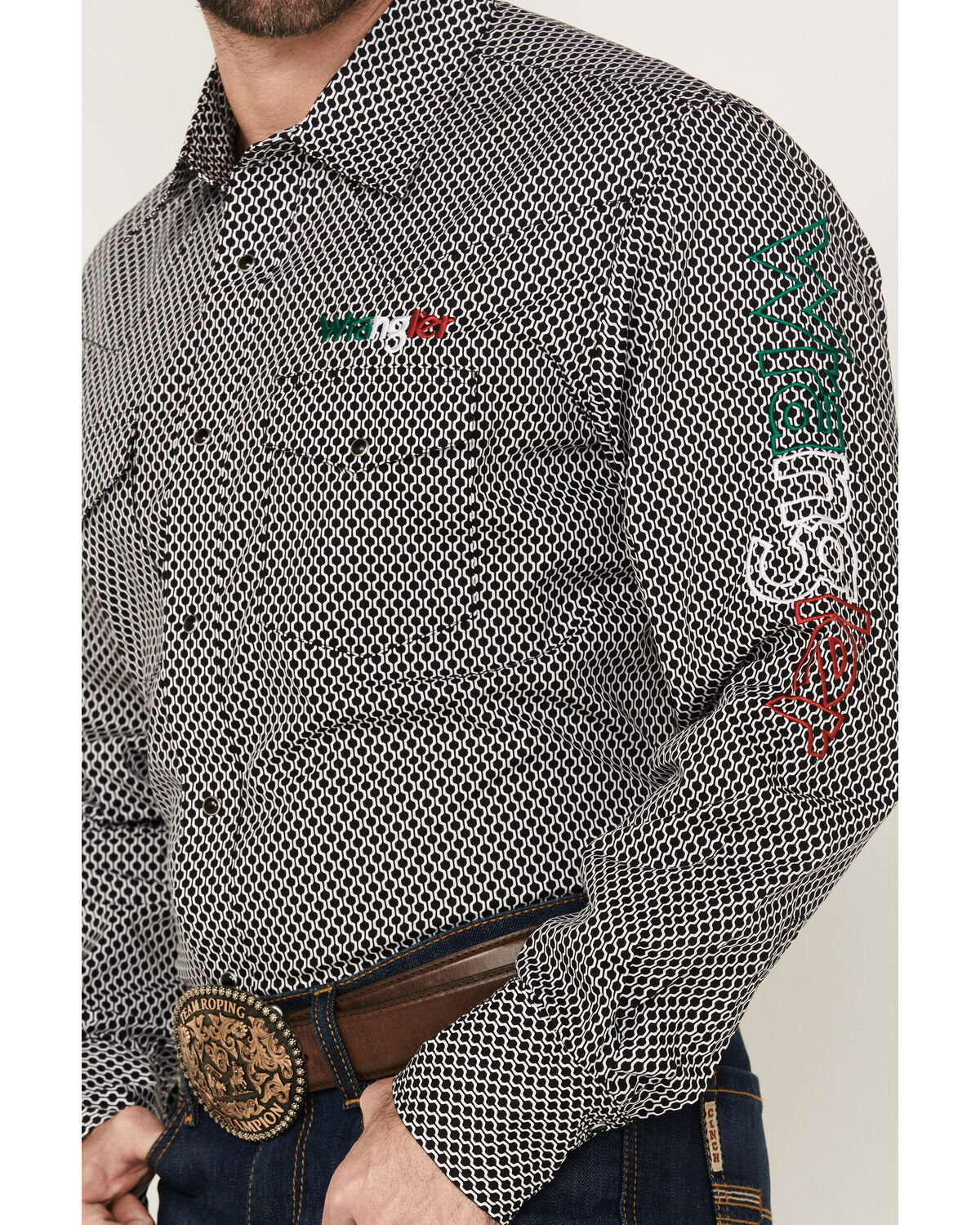 Image #3 - Wrangler Men's Mexico Logo Embroidered Geo Print Long Sleeve Snap Western Shirt, Black, hi-res