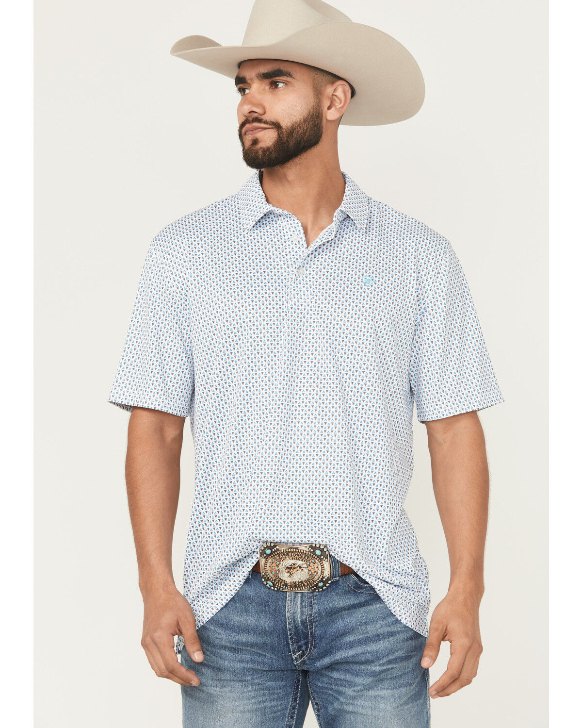 Image #1 - Ariat Men's Geo Print Short Sleeve Button-Down Performance Polo - Big, White, hi-res