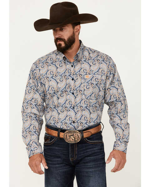 Cinch Men's Paisley Print Long Sleeve Button-Down Western Shirt, Blue, hi-res