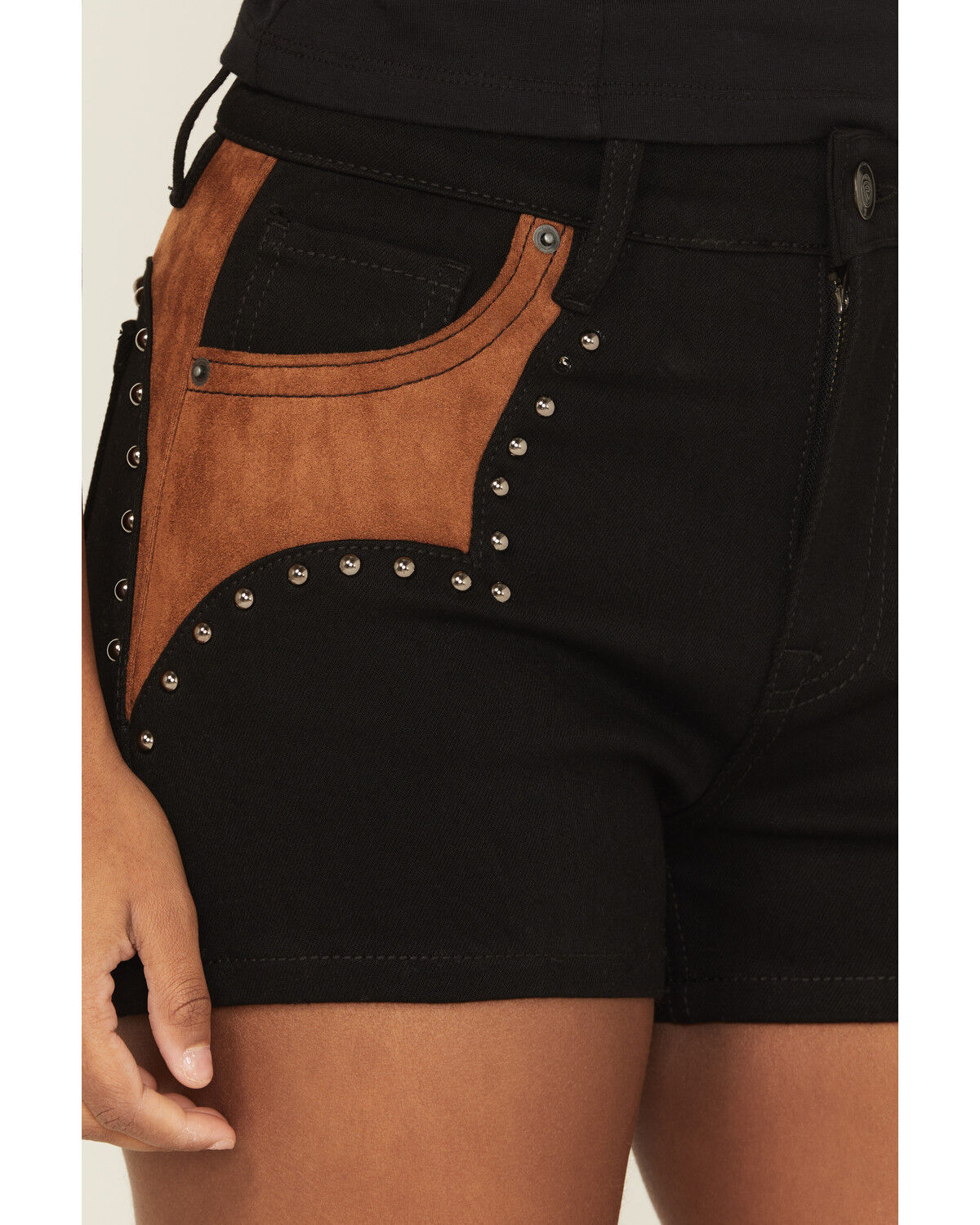 Image #2 - Rock & Roll Denim Women's Faux Suede High Rise Studded Shorts, Black, hi-res