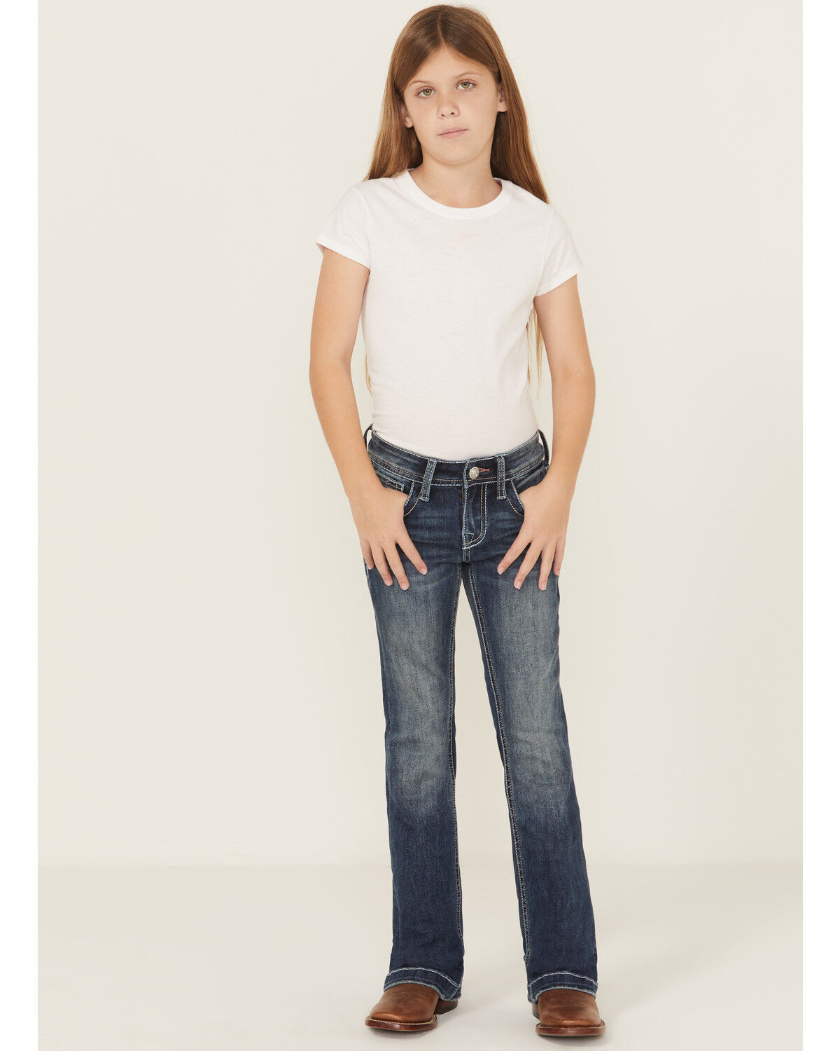Image #3 - Grace In LA Girls' Floral Steerhead Embroidered Dark Wash Bootcut Stretch Denim Jeans, Medium Wash, hi-res