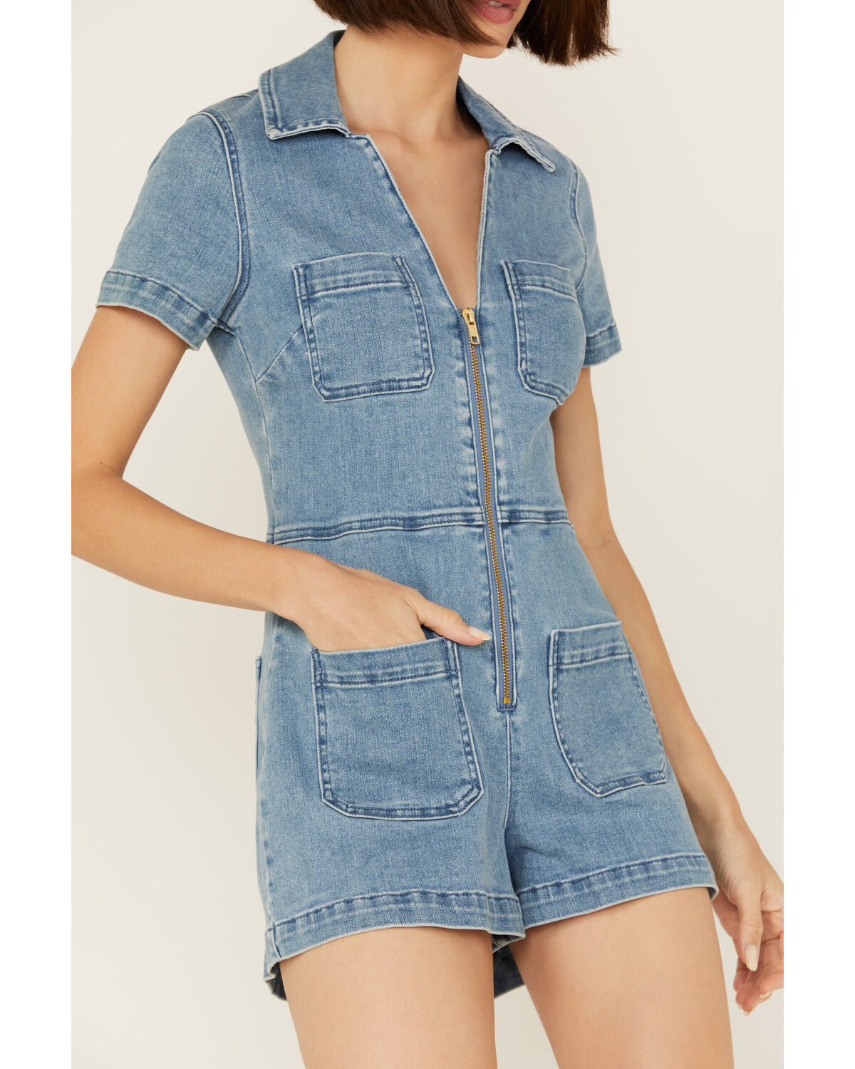 Image #3 - Show Me Your Mumu Women's Short Sleeve Zip Romper, Blue, hi-res