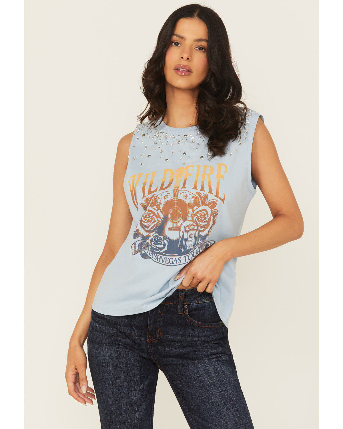 Image #1 - Idyllwind Women's Wild Fire Embellished Sleeveless Graphic Tank, Light Blue, hi-res