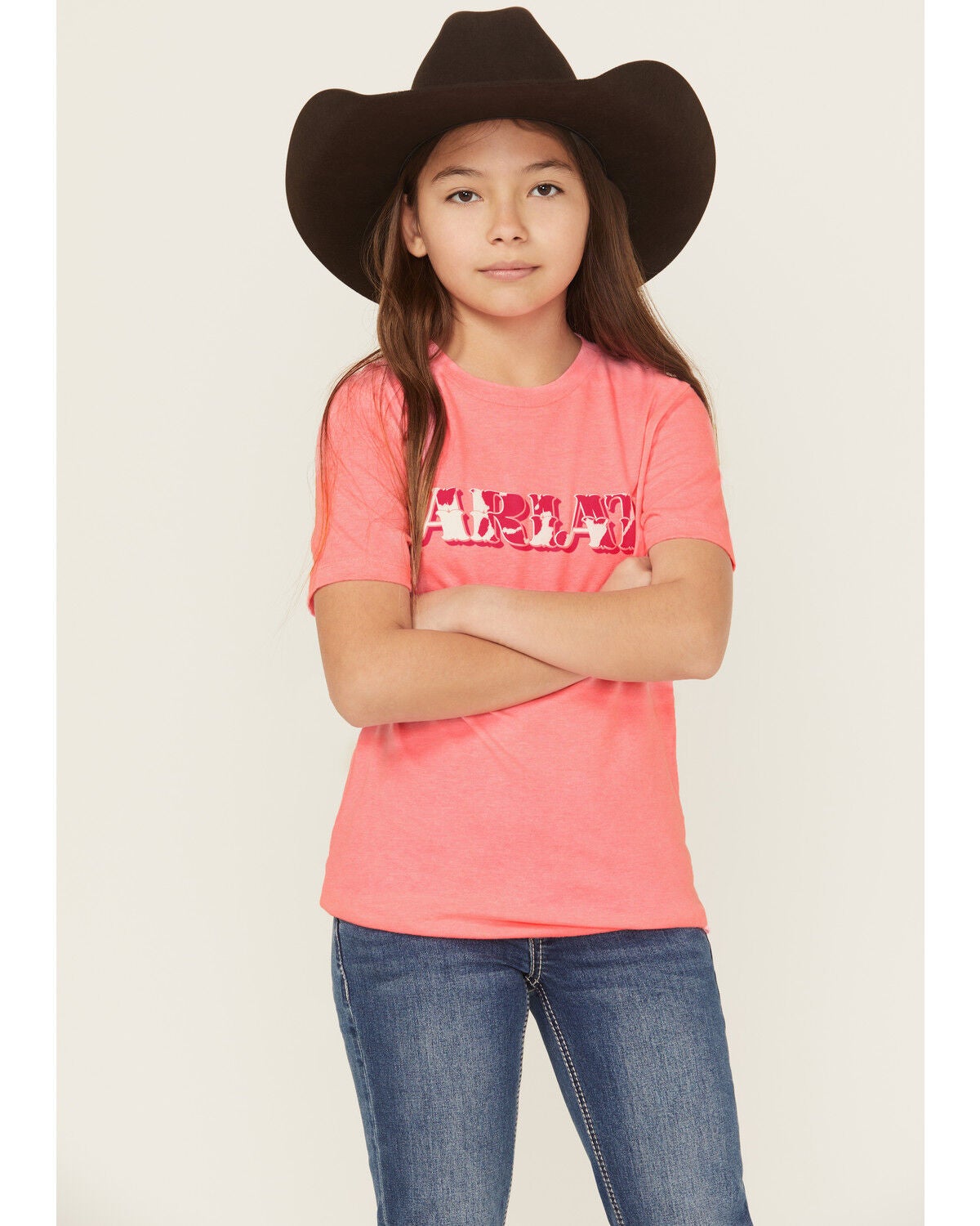 Image #1 - Ariat Girls' Boot Barn Exclusive Cowhide Logo Short Sleeve Graphic Tee, Pink, hi-res