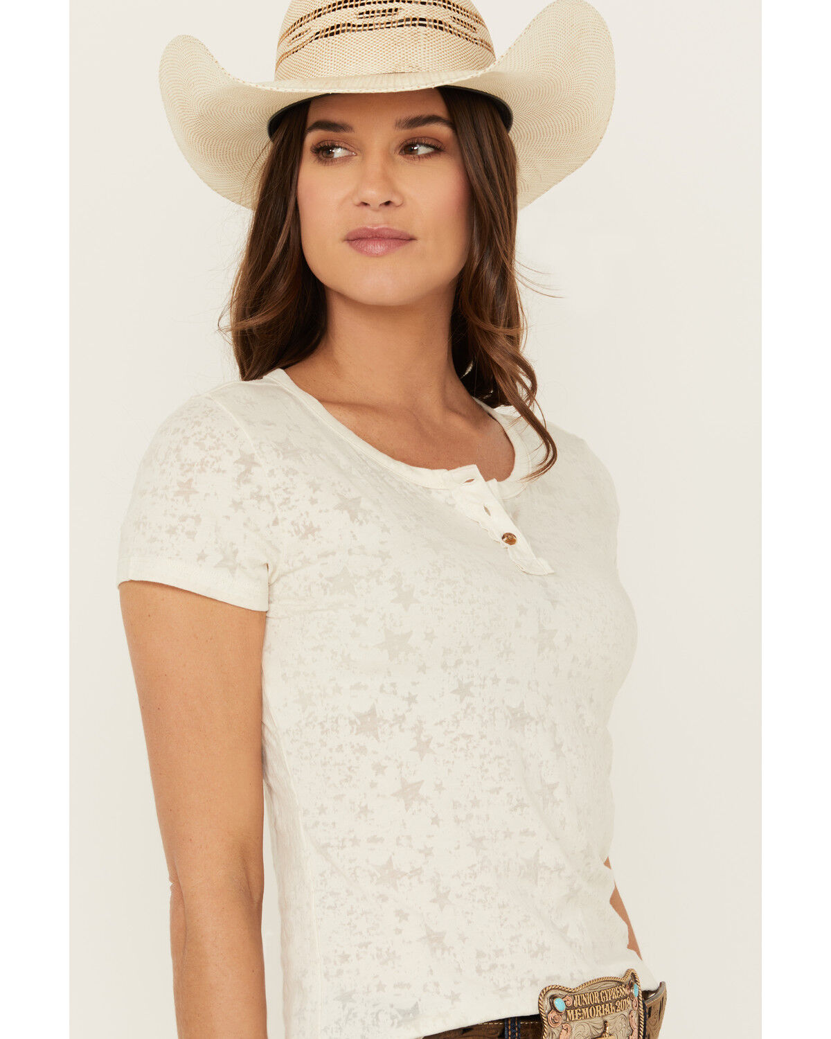 Image #2 - Shyanne Women's Lovell Star Burnout Henley Tee, Cream, hi-res