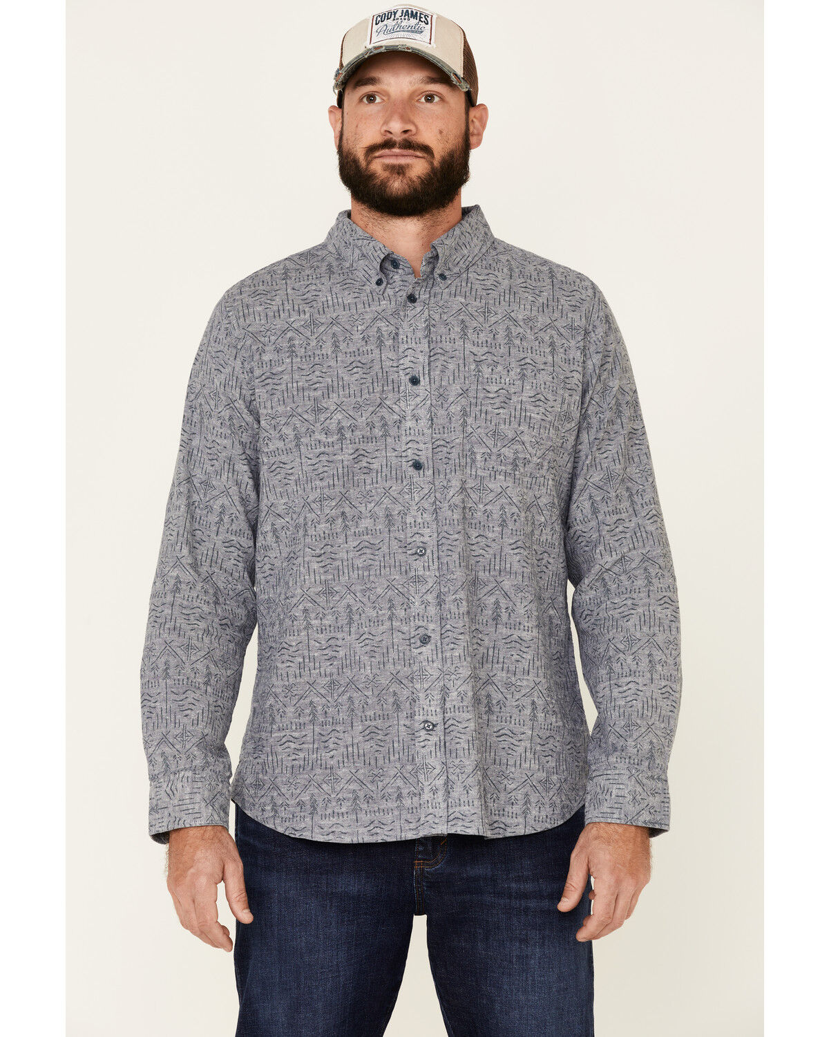 Image #1 - United By Blue Men's Southwestern Soft Hemp Chambray Long Sleeve Western Shirt, Grey, hi-res