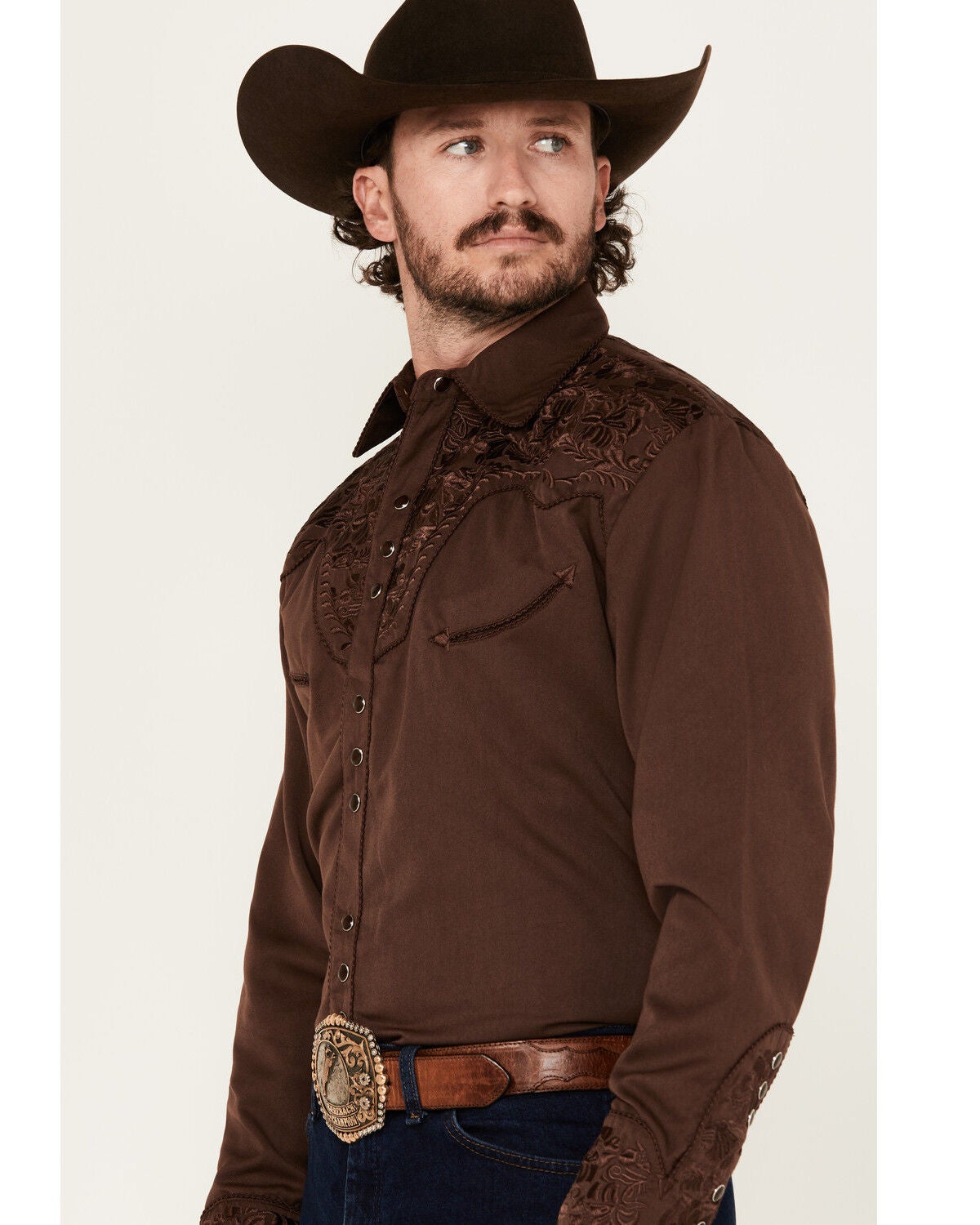 Image #2 - Scully Men's Gunfighter Embroidered Long Sleeve Snap Western Shirt - Big, Brown, hi-res