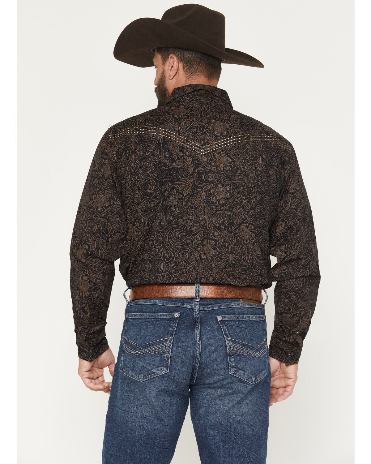 Image #4 - Cowboy Hardware Men's Tooled Floral Print Long Sleeve Snap Stretch Western Shirt, Dark Brown, hi-res
