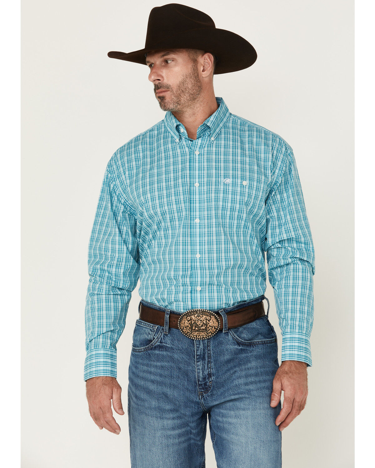 Image #1 - Wrangler Men's Plaid Print Long Sleeve Button-Down Stretch Western Shirt, Aqua, hi-res