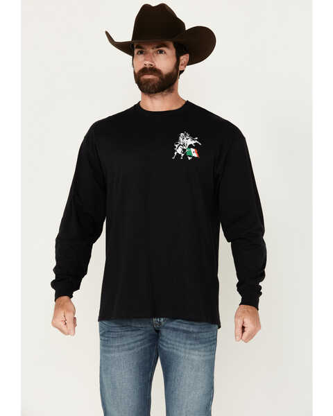 Image #2 - Cowboy Hardware Men's Mexico Flag Bull Rider Long Sleeve T-Shirt, Black, hi-res
