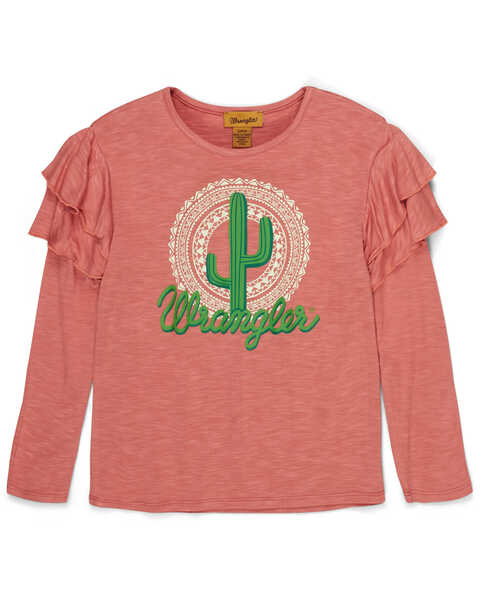 Image #1 - Wrangler Girls' Cactus Logo Long Ruffle Sleeve Top , Pink, hi-res