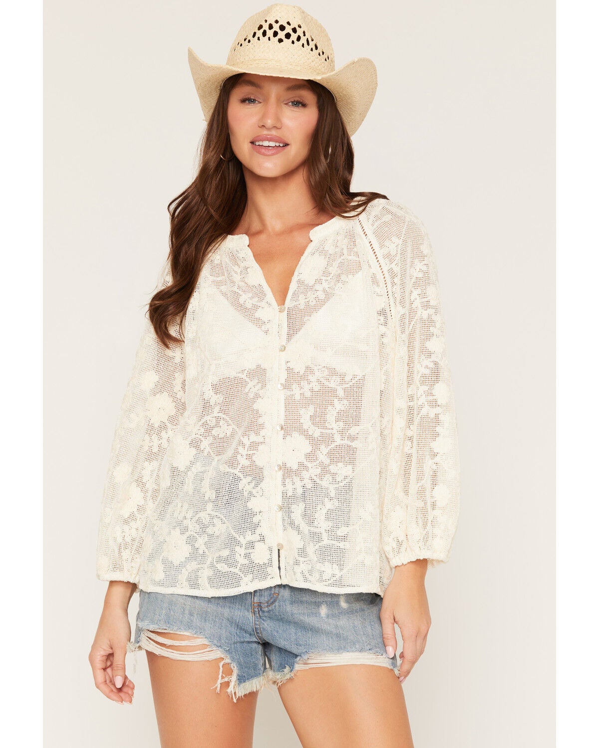 Image #1 - Lovestitch Women's Embroidered Lace 3/4 Sleeve Peasant Top, Natural, hi-res