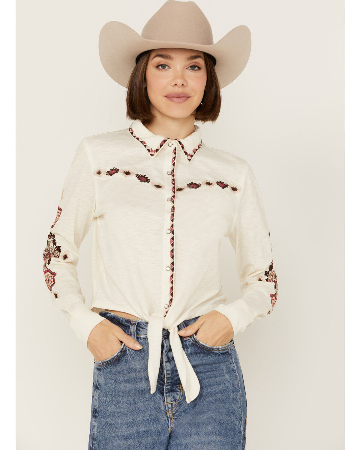 Image #1 - Shyanne Women's Tie-Front Embroidered Long Sleeve Snap Western Shirt, Cream, hi-res