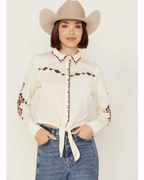 Image #1 - Shyanne Women's Tie Front Embroidered Long Sleeve Snap Western Shirt , Cream, hi-res
