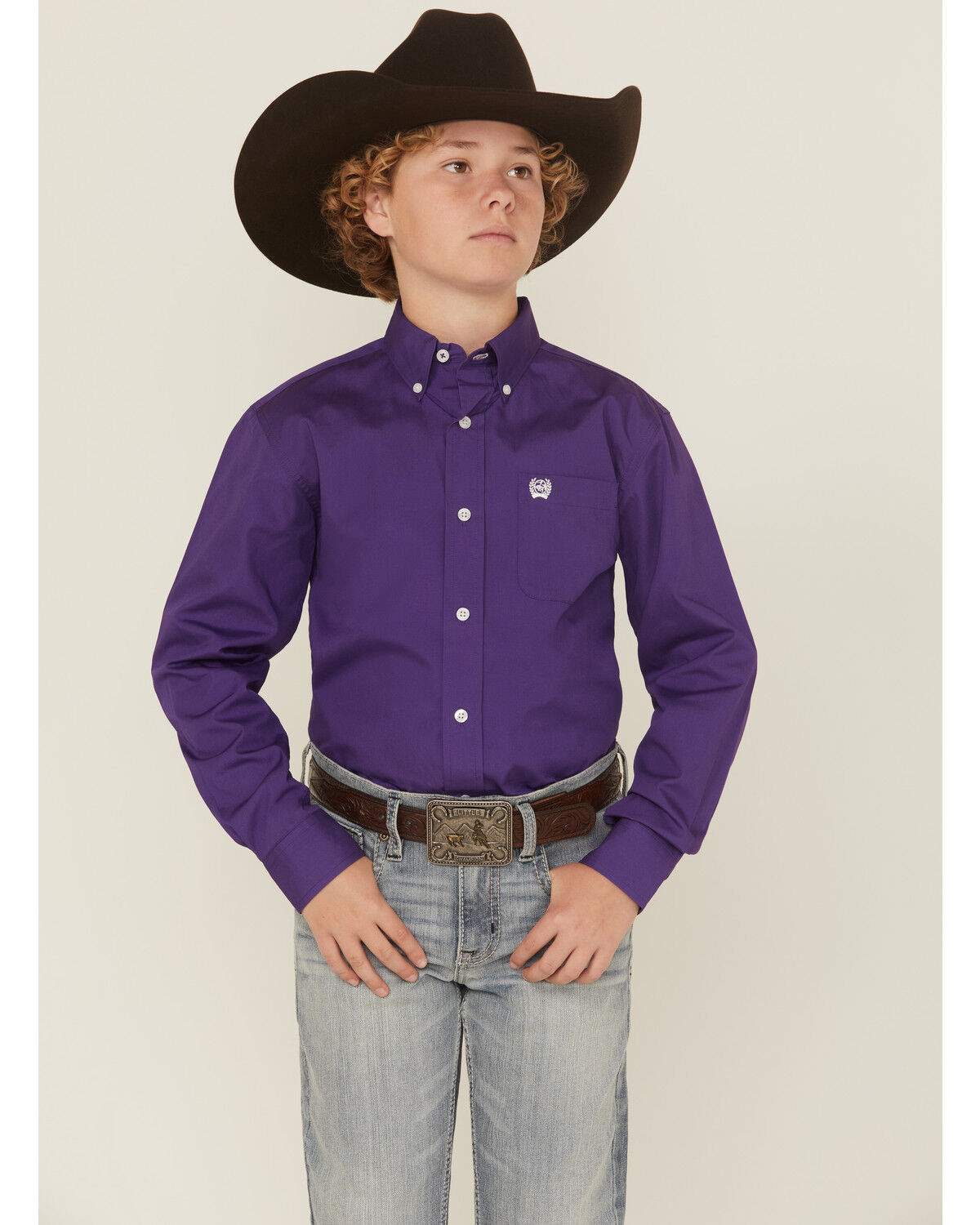 Image #1 - Cinch Boys' Solid Long Sleeve Button-Down Western Shirt, Purple, hi-res