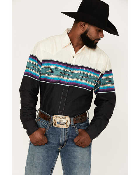 Roper Men's Vintage Checotah Border Print Long Sleeve Snap Western Shirt, Green, hi-res