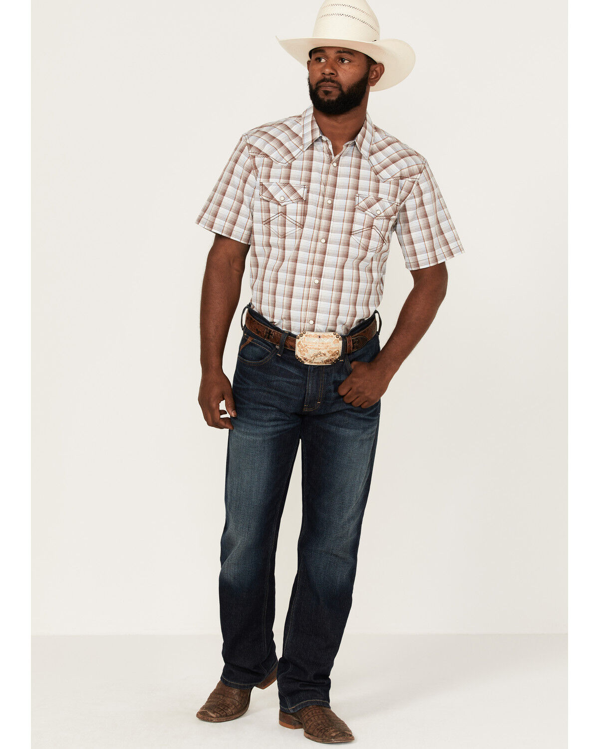 Image #2 - Cody James Men's Mount Vernon Small Plaid Short Sleeve Pearl Snap Western Shirt, Brown/blue, hi-res