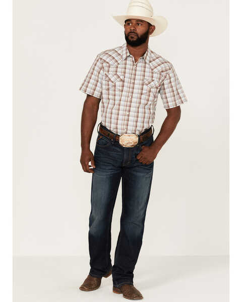 Image #2 - Cody James Men's Mount Vernon Small Plaid Short Sleeve Pearl Snap Western Shirt , Brown/blue, hi-res