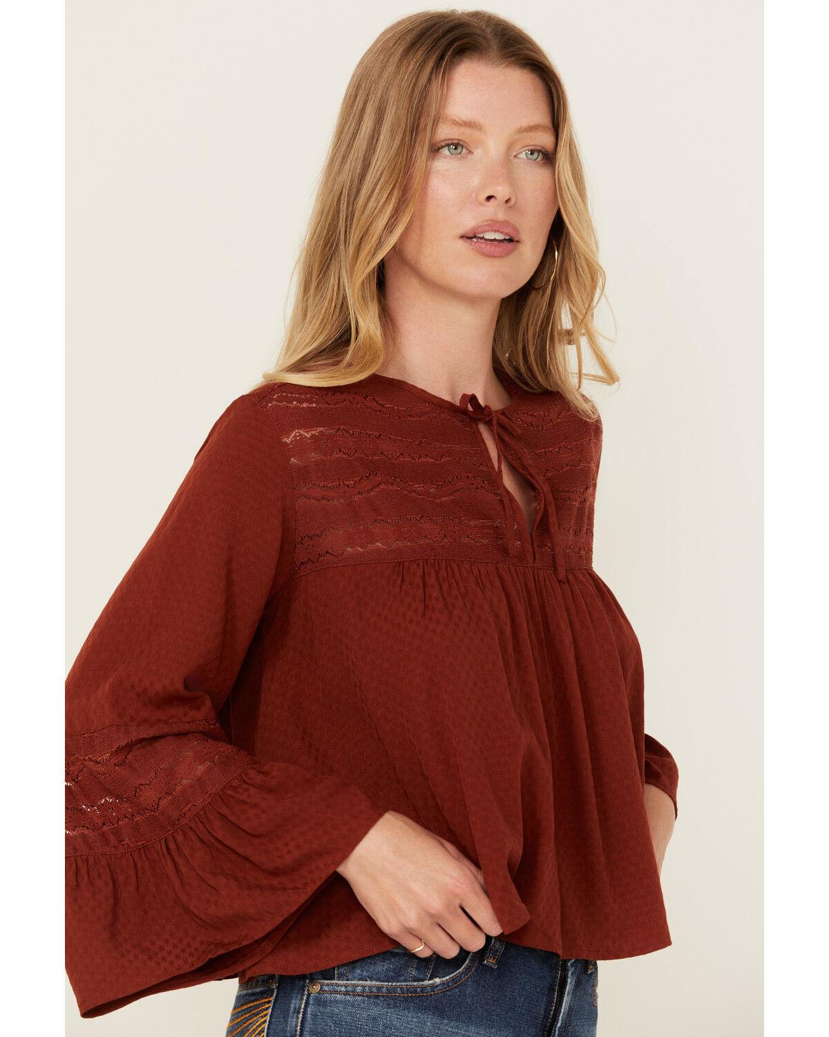 Image #2 - Cleo + Wolf Women's Lace Front Long Sleeve Peasant Top, Brandy Brown, hi-res